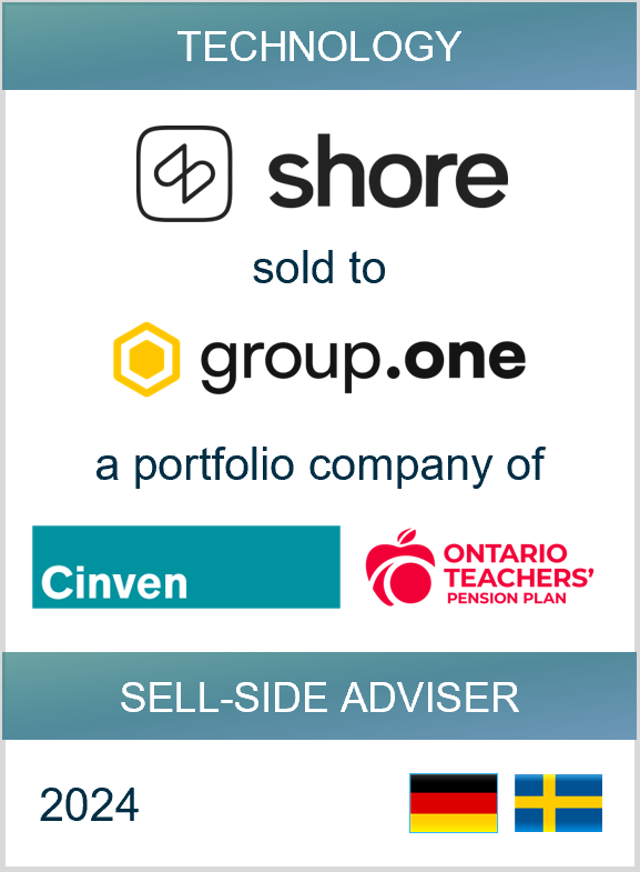 Tombstone showing MCF advised Shore on the sale to group.one, a portfolio company of Cinven and OTPP, a SMB SaaS transaction